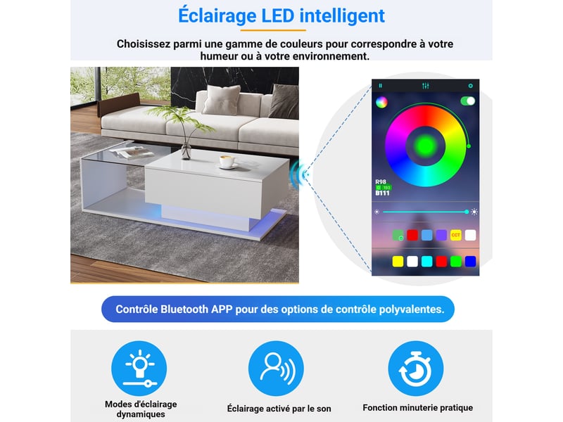  Table basse - high tech - verre trempé anti-rayures - led intégré - 100x50x32 cm  - Conforama C