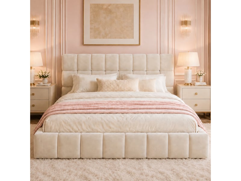 Lit double rembourré 140x190 cm, tête de lit et contours capitonnés, sommier à lattes, velours beige, sans matelas - Conforama C