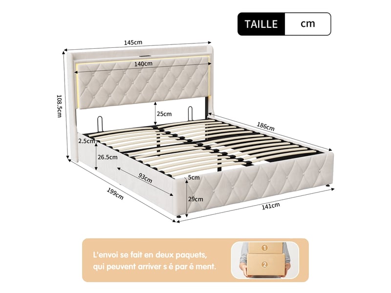  Lit double 140 x 190 cm,hydraulique, led, usb et de type c, cadre de lit coffre 140x190 cm, lit rembourré, beige,velours  - Conforama C