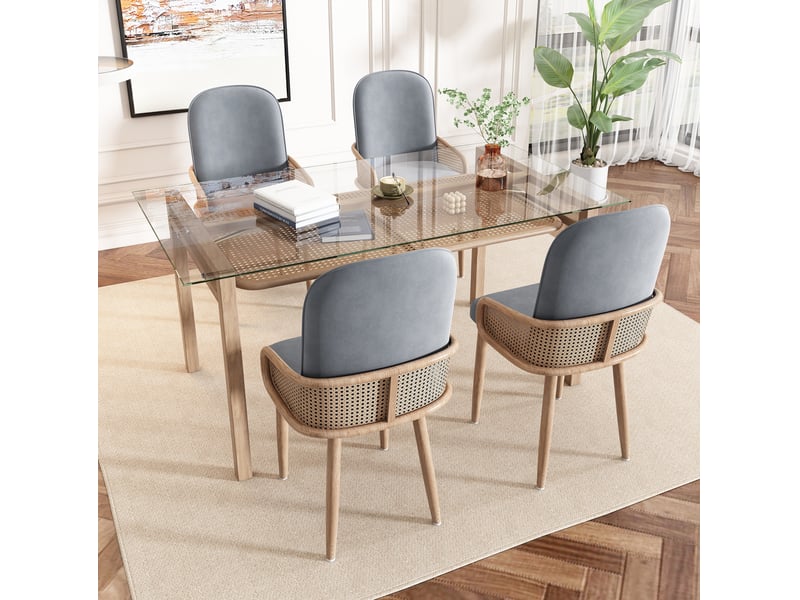  Lot de 4 chaises de salle à manger en velours gris, design en résine tressée et pieds métal effet bois  - Conforama B