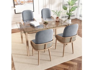 Lot de 4 chaises de salle à manger en velours gris, design en résine tressée et pieds métal effet bois