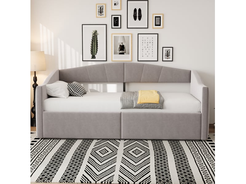  Lit enfant 90 x 200 cm, rangement grand volume, dossier et accoudoirs, tissu velours gris clair sans matelas  - Conforama R