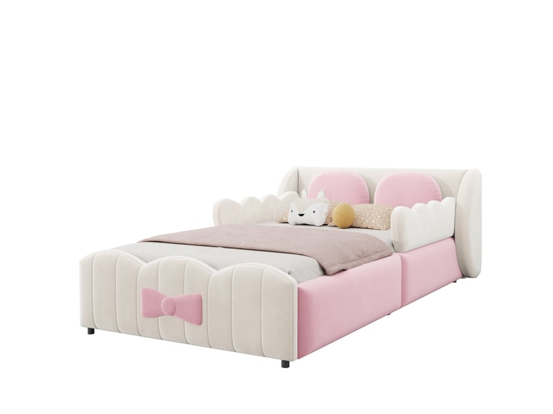  Lit coffre enfant tcqpz 90 x 200 cm velours beige et rose avec coussins décoratifs  - Conforama A