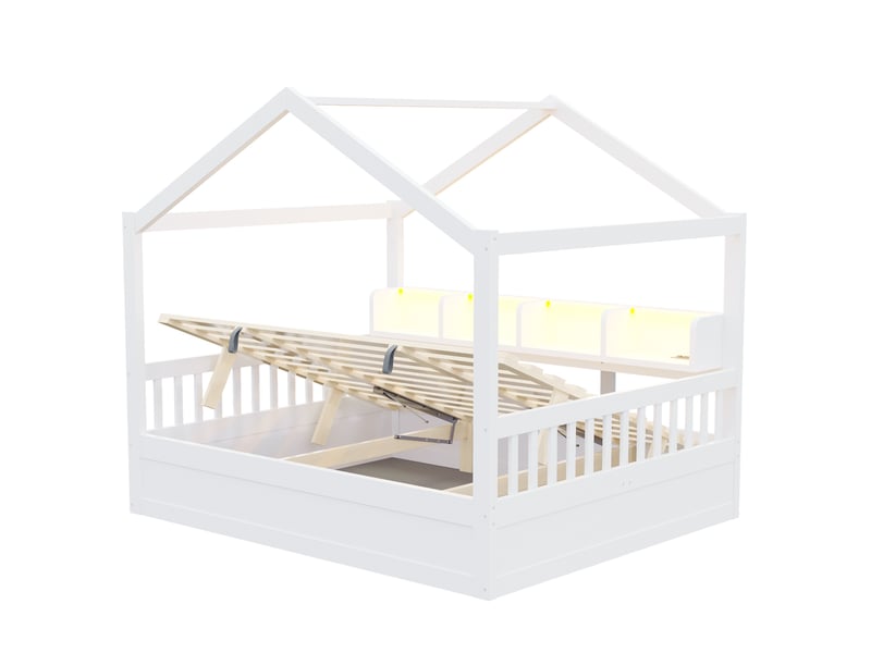  Lit coffre 140x200 cm avec rangement hydraulique, toit, éclairage led et prises, bois et mdf, blanc, sans matelas  - Conforama E