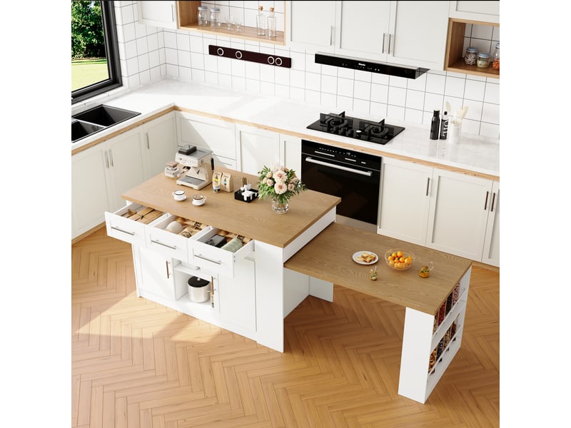  Îlot de cuisine avec 3 tiroirs muvano, table extensible, blanc et aspect bois, 120 × 60 × 90 cm  - Conforama C