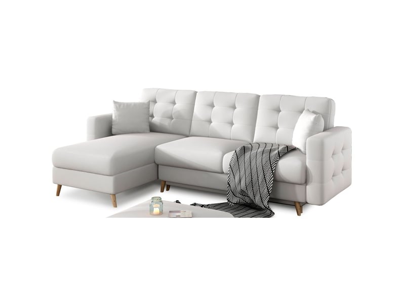 Canapé d'angle convertible hasgard 3 places blanc 248x162 cm – coffre et pieds bois - Conforama D