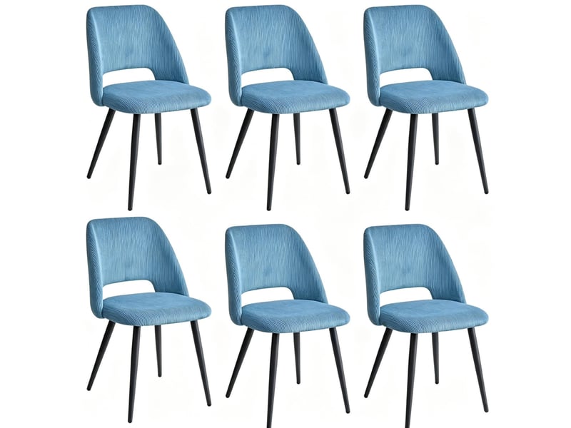  Lot de 6 chaises de salle à manger en tissu côtelé bleu avec pieds en métal noir  - Conforama A