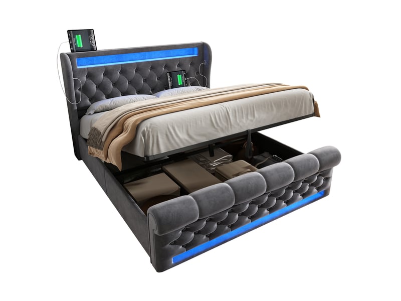 Lit double 160 x 200 cm avec rangement hydraulique, led, usb et type-c, gris, velours, matelas inclus - Conforama A