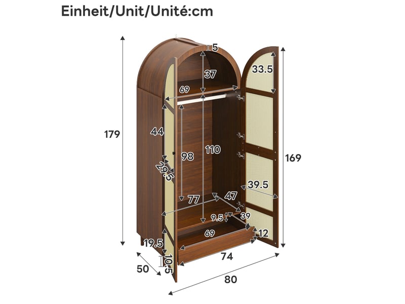 Armoire tcqpz 80 x 50 x 179 cm avec portes cintrées, penderie, étagères et tiroirs, panneaux de particules mdf et rotin, finition noyer  - Conforama C