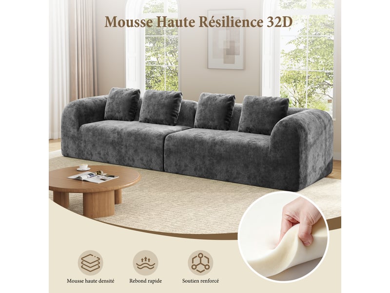  Canapé compressé modulable 3 places en chenille premium,aucun montage,mousse 32d haute résilience,canapé salon moderne gris,280x97x66cm 280x97x66CM - Conforama C