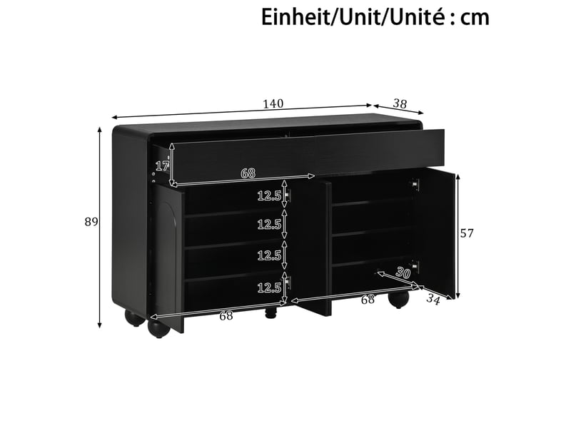  Buffet noir 140 x 38 x 89 cm avec 2 tiroirs et 4 portes  - Conforama E