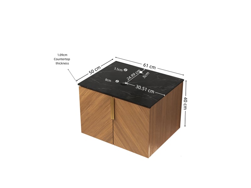  Meuble sous vasque avec 2 portes et plan en pierre frittée noire, finition chêne, pour salle de bain, 61 cm  - Conforama D
