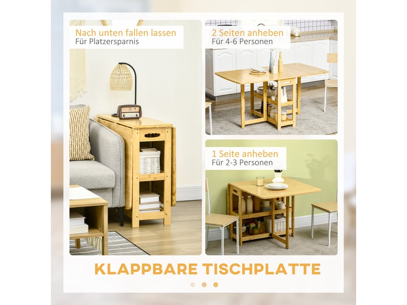 Table à manger extensible pour 6 personnes avec 2 étagères, pieds réglables, en bambou, salon, cuisine, bois naturel - Conforama E