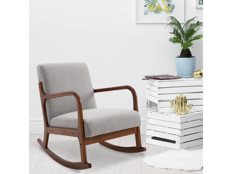  Fauteuil à bascule rembourré, style vintage, en bois et polyester gris, pour l'intérieur, bureau, salon, 64 x 86 x 80 cm  - Conforama C