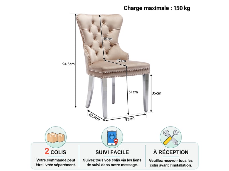 Chaise de salle à manger lot de 4 en velours avec dossier capitonné et pieds métalliques, beige - Conforama D