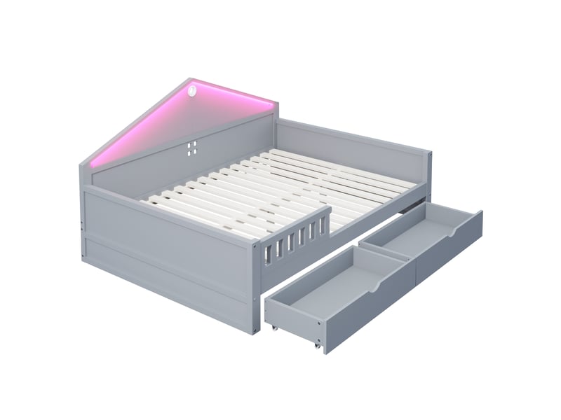  Lit jeune, 140x200 cm, éclairage led, rangement intégré, en bois massif, gris cao-LDF00578AAE-conf-NEW - Conforama R