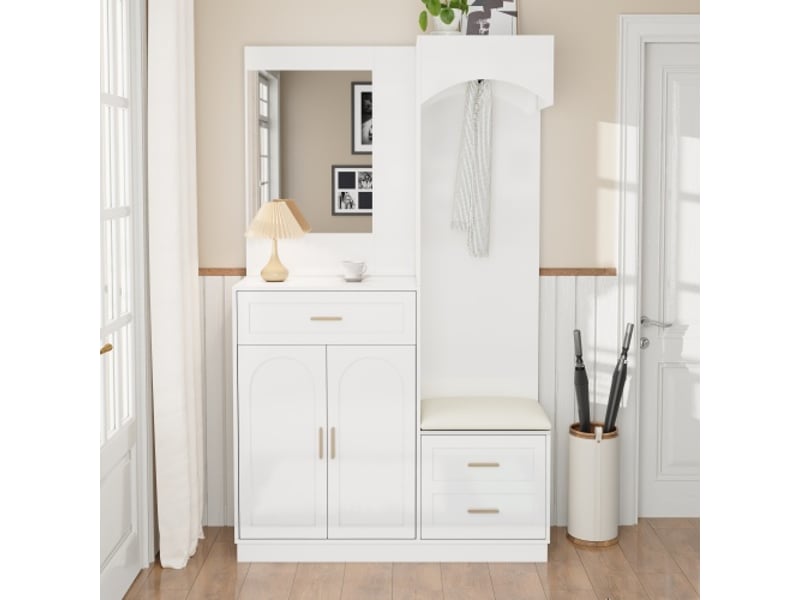  Garde-robe moderne et compacte: armoire et meuble à chaussures avec miroir, rangement d'entrée multifonction  - Conforama B