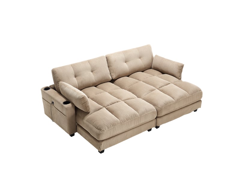  Canapé 2 places en velours côtelé kaki, séparable en 2 fauteuils, 2 coussins, 4 porte-gobelets, 4 poches, usb  - Conforama A