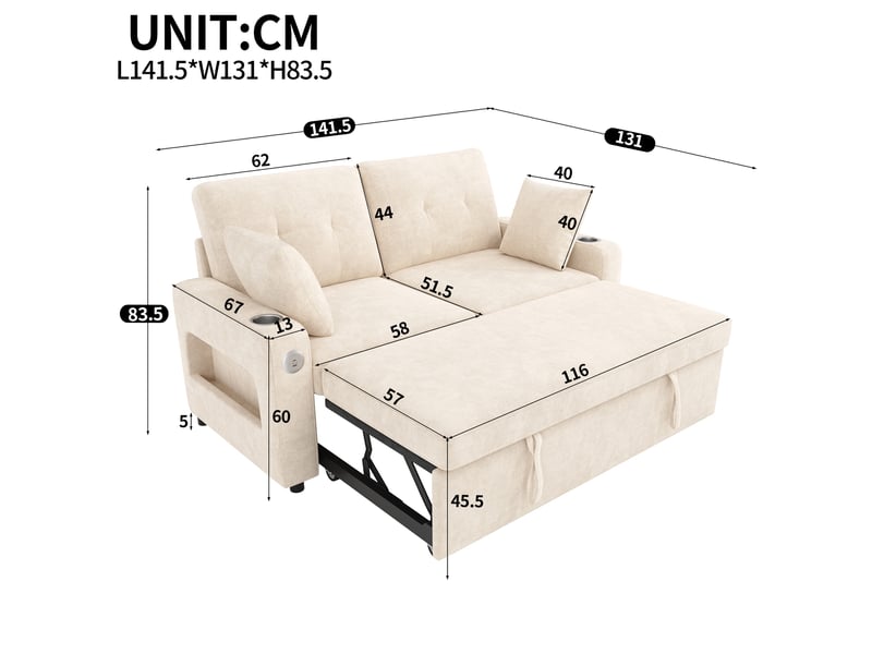 Canapé 2 places - 141.5x131x83.5cm - convertible avec éclairage led, ports usbtype-c, rangements et tissu chenille - beige - Conforama E