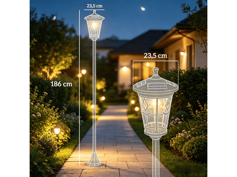Lot de 2 lampadaires solaires de jardin 1,86 m, hauteur réglable, acier inoxydable noir - Conforama C