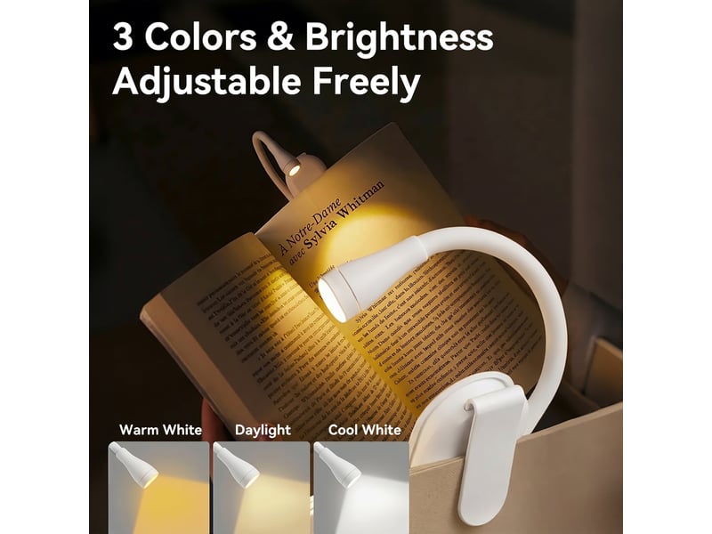  Lot de 1 lampe de lecture led à pince rechargeable, 3 températures de couleur, intensité réglable, lampe portable pour lire au lit, blanc  - Conforama C