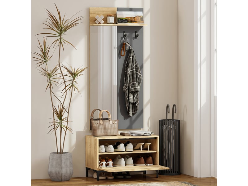  Ensemble d'entrée comprenant un banc à chaussures, un miroir, 3 crochets, une étagère ouverte et des meubles de couloir en bois naturel et gris.  - Conforama C