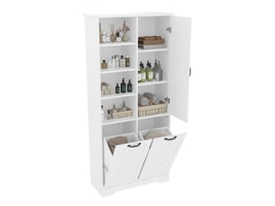 Armoire de salle de bain 78 x 35 x 172,7 cm,blanc,panneau mdf laqué,double panier à linge,étagères réglables