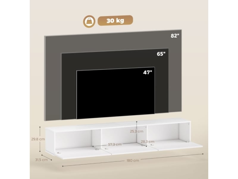  Meuble tv mural blanc 180 cm avec 3 tiroirs et grand espace de rangement, panneau aggloméré  - Conforama C