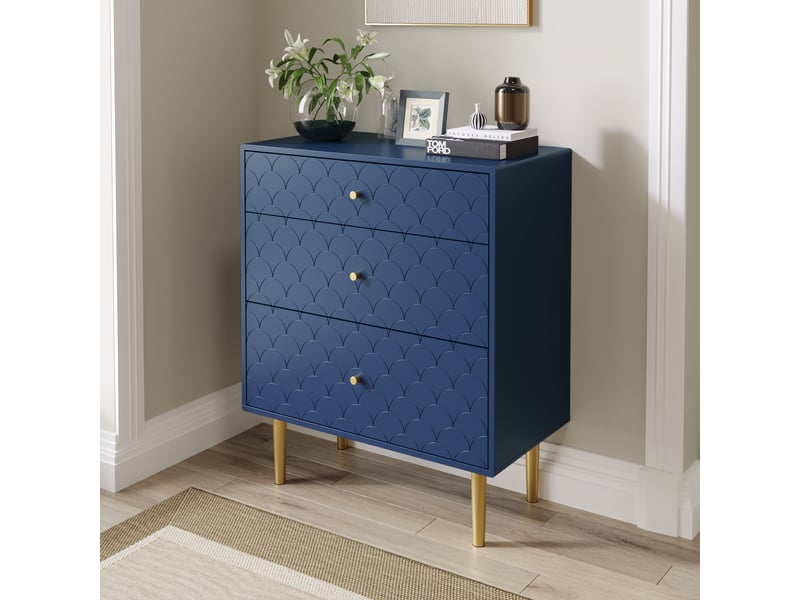 Buffet 3 tiroirs bleu marine, meuble rangement haut 89x75x40 cm, structure bois panneaux métal pour chambre salon - Conforama R
