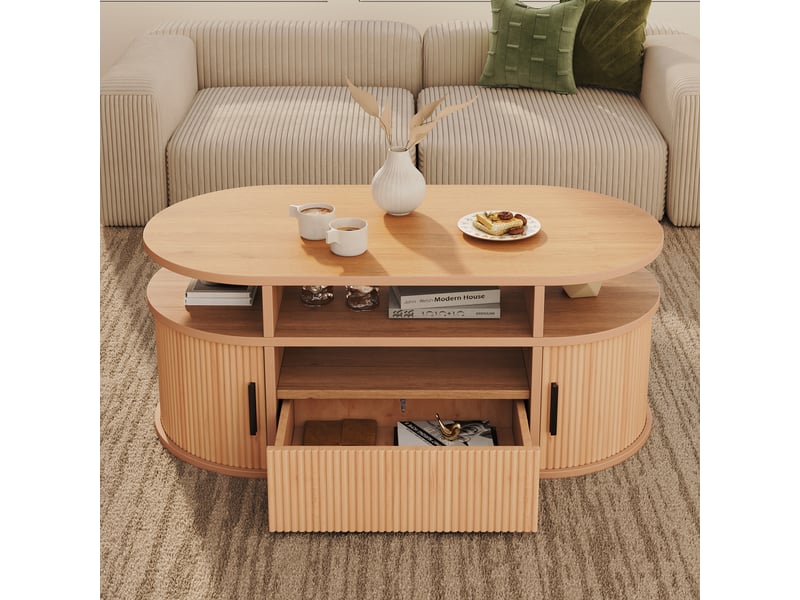  Table basse ovale 100x50x40 cm avec tiroir et portes, finition aspect bois clair naturel  - Conforama B