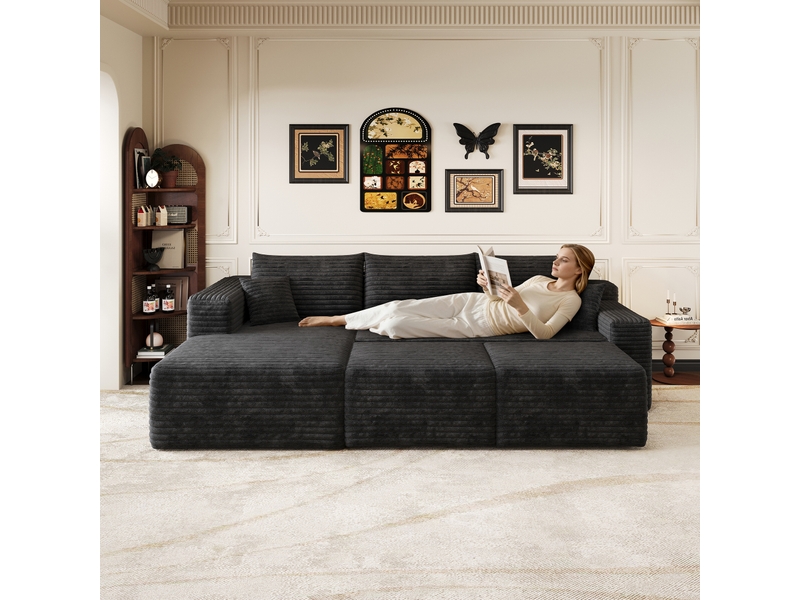  Canapé d'angle modulable 5 places 241x151x58 cm velours côtelé noir sans montage assise profonde effet nuage,noir ABC - Conforama E