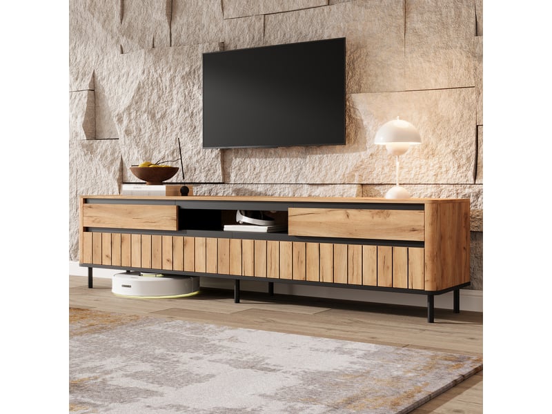  Ensemble meuble tv et buffet de salon, finition bois naturel avec accents noirs, meuble tv 180 cm pour téléviseur 75 pouces  - Conforama E