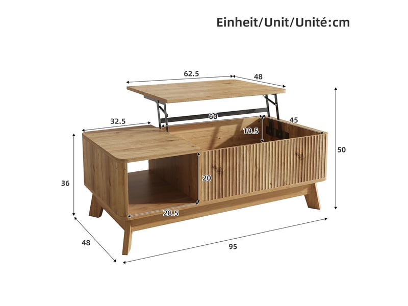  Table basse relevable, design ondulé, compartiment latéral ouvert, matériau mdf, style moderne  - Conforama C