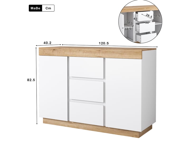  Commode modenvie 3 tiroirs et 2 portes 120,5 x 40,2 x 82,5 cm panneaux de particules e1 blanc et chêne  - Conforama C