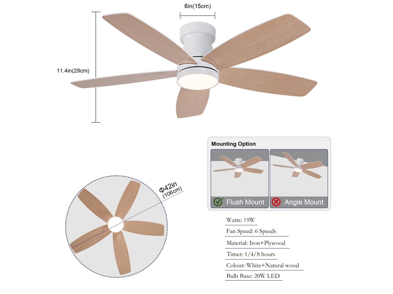 Ventilateur de plafond 107x107 cm led avec télécommande, 5 pales blanc naturel - Conforama C
