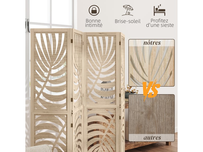  Paravent interieur en bois 4 panneaux 160 x 170 cm, pliable et portable, motif de feuille, bois naturel, design amovible  - Conforama R