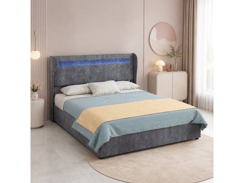  Lit rembourré 140 × 200 cm 2 places avec led réglable, tête de lit ajustable, sans matelas, tissu gris  - Conforama B