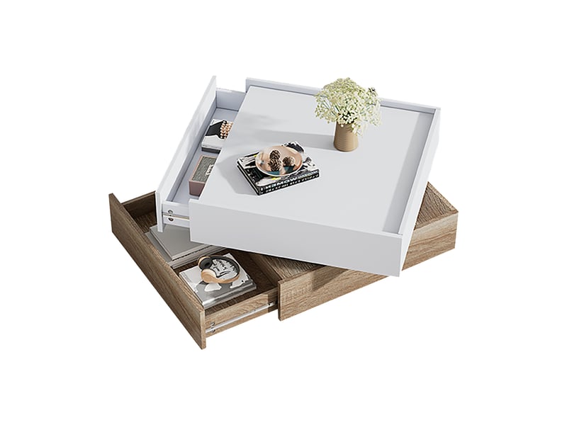  Table basse, pivotante à 360°, avec 2 tiroirs, 60 x 60 x h 38 cm, blanc et bois, rangement pratique, structure en panneau de particules, pour le salon Luxe haut de gamme - Conforama A