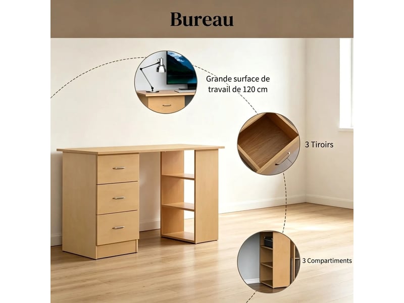  Bureau informatique bois clair 120 cm avec 3 tiroirs et étagères réversibles  - Conforama D