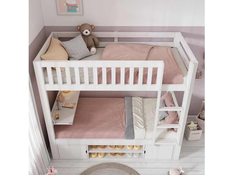  Lit superposé enfant 90x200 cm avec bureau rabattable, rangements intégrés et sommier à lattes, bois blanc  - Conforama E