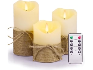 3 bougies pilier led sans flamme avec mèche 3d et corde de jute, effet vacillant, télécommande et minuterie, 101315 cm, oscillant + télécommande rechargeable