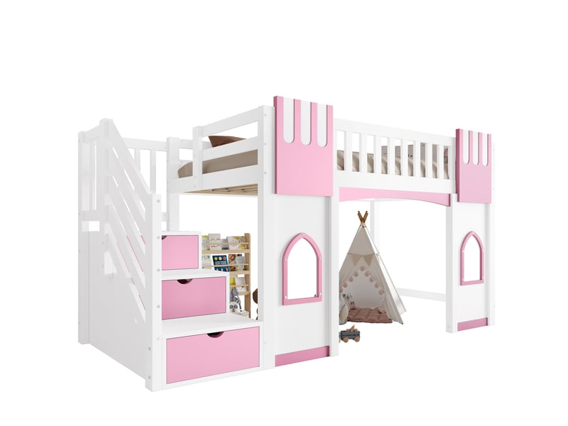  Lit mezzanine 90x200 cm avec escalier de rangement et 2 fenêtres en pin et mdf blanc et rose  - Conforama A
