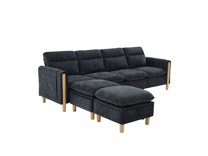  Canapé modulaire 4 places noir en tissu avec 2 poufs de rangement, pieds en bois et confort familial  - Conforama A