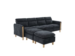 Canapé modulaire 4 places noir en tissu avec 2 poufs de rangement, pieds en bois et confort familial