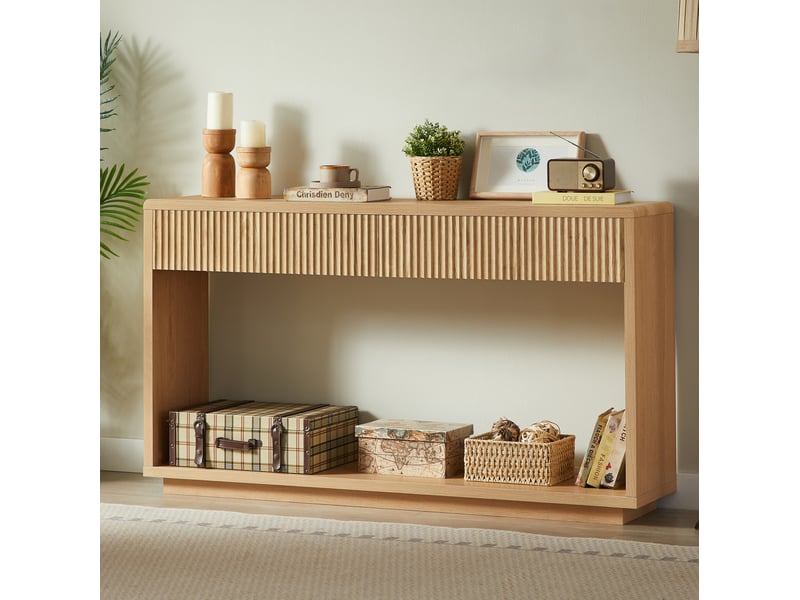 Console avec 2 tiroirs et niche ouverte, façades rainurées, pour entrée et salon, en panneaux, naturel, 150 × 35 × 85 cm - Conforama B