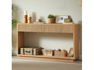 Console avec 2 tiroirs et niche ouverte, façades rainurées, pour entrée et salon, en panneaux, naturel, 150 × 35 × 85 cm
