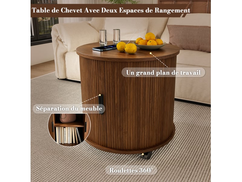  Table de chevet tcqpz cylindrique 60 x 60 x 60 cm avec prise ac et 2 ports usb mdf décor noyer  - Conforama D