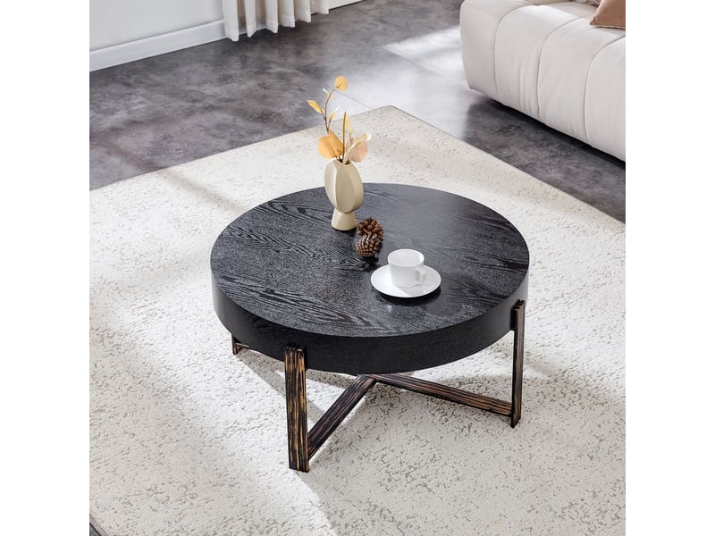  Table basse diamètre 68 cm plateau en mdf à motif bois noir piètement croisé couleur bronze antique style rétro-industriel forme ronde style wabi-sabi et industriel  - Conforama B