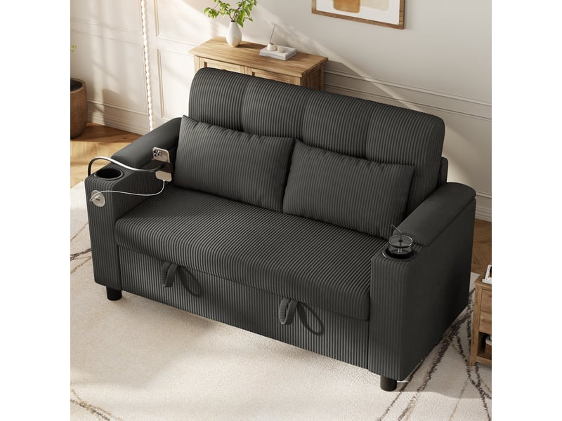  Canapé 2 places velours côtelé gris avec rangement et ports usb  - Conforama E