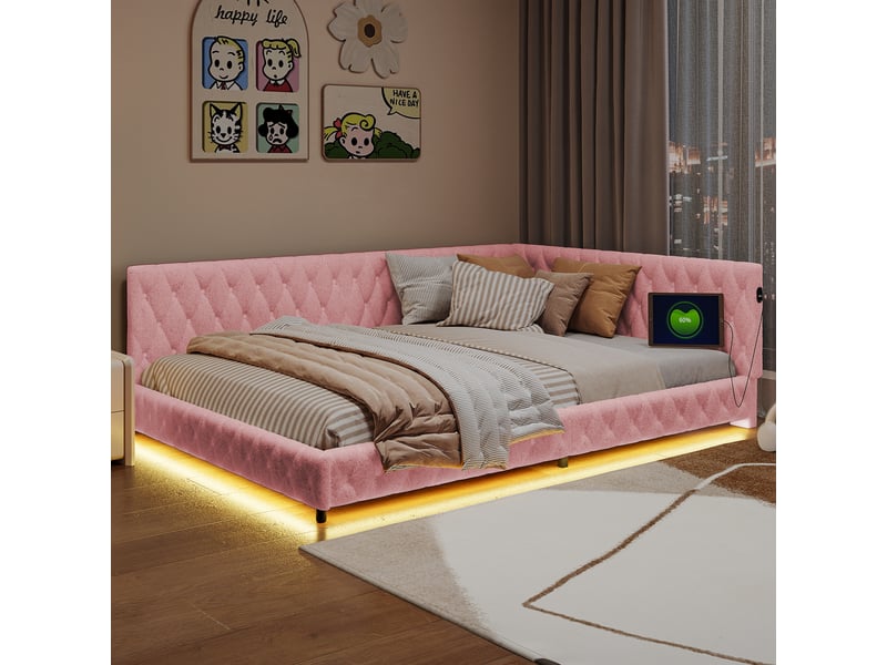  Kefsr lit d'angle 140x200 cm avec éclairage led et ports usbtype-c, lit banquette capitonné en tissu bouclette avec sommier à lattes, lit double, rose  - Conforama W